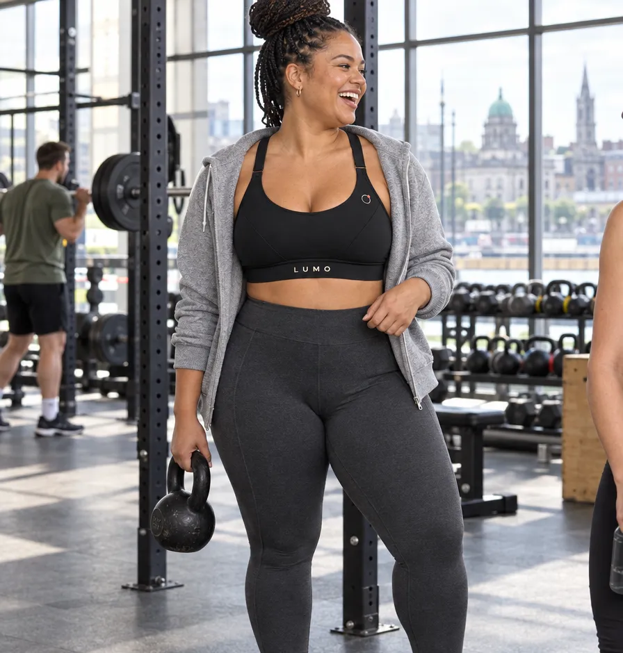 A plus-size woman laughing in a gym, holding a kettlebell, wearing The Lift in Ink with an open grey hoodie.