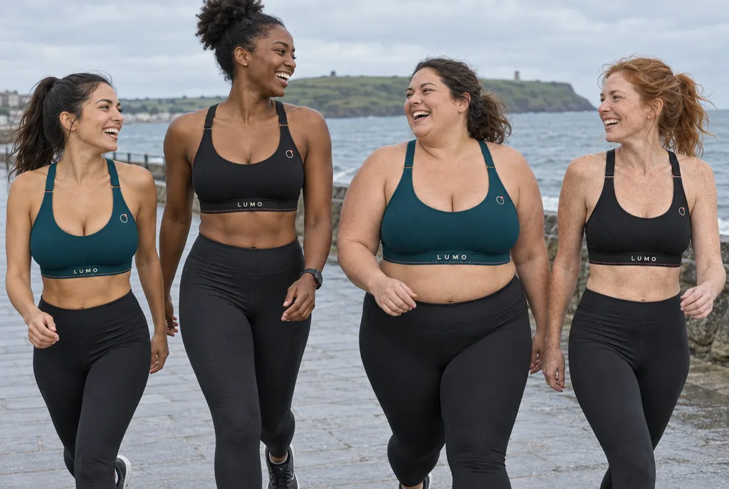 Four women of different sizes walking together on a seafront in The Lift.